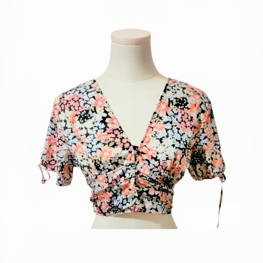 Shein Pink Black Floral Silky Smooth Crop Top With Keyhole Back Size Medium